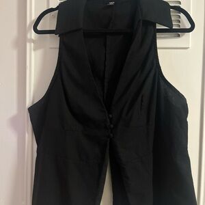 SHEIN Solid Black Curve 2XL V-Neck Open Collar Vest Blouse Button Front